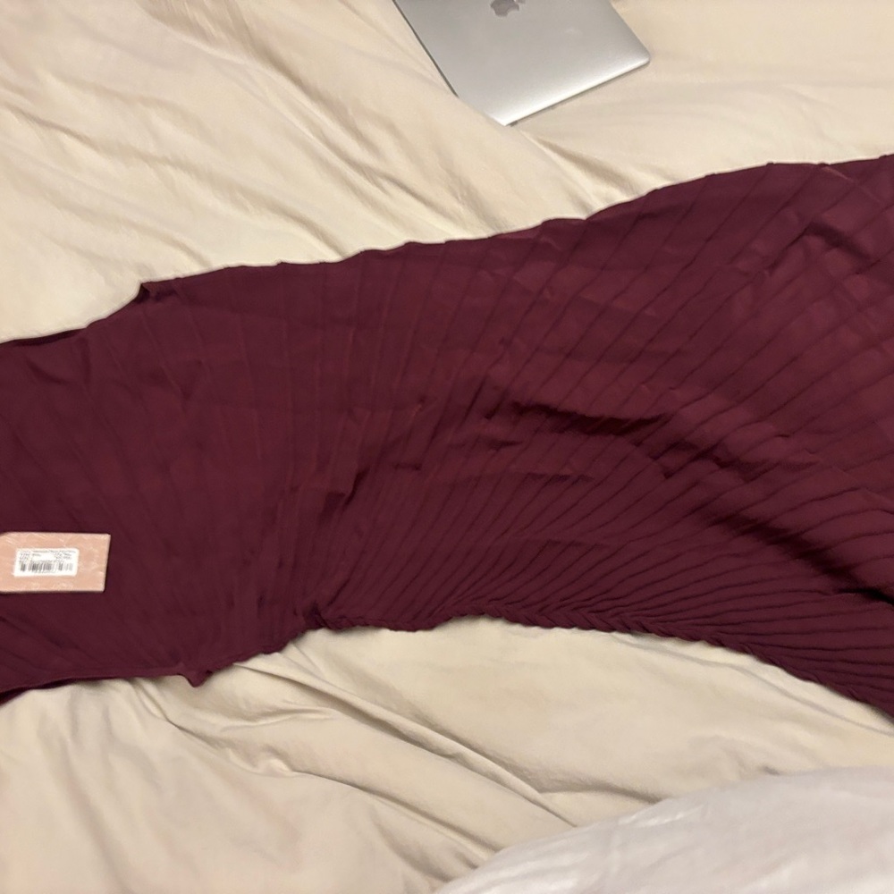 Meshki Burgundy Asymmetric Pleated Midi Dress - Picture 7 of 9